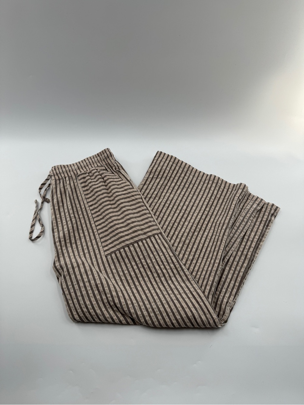 Yeokou Beige Brown Striped Wide Leg Drawstring Pants – Women’s Large